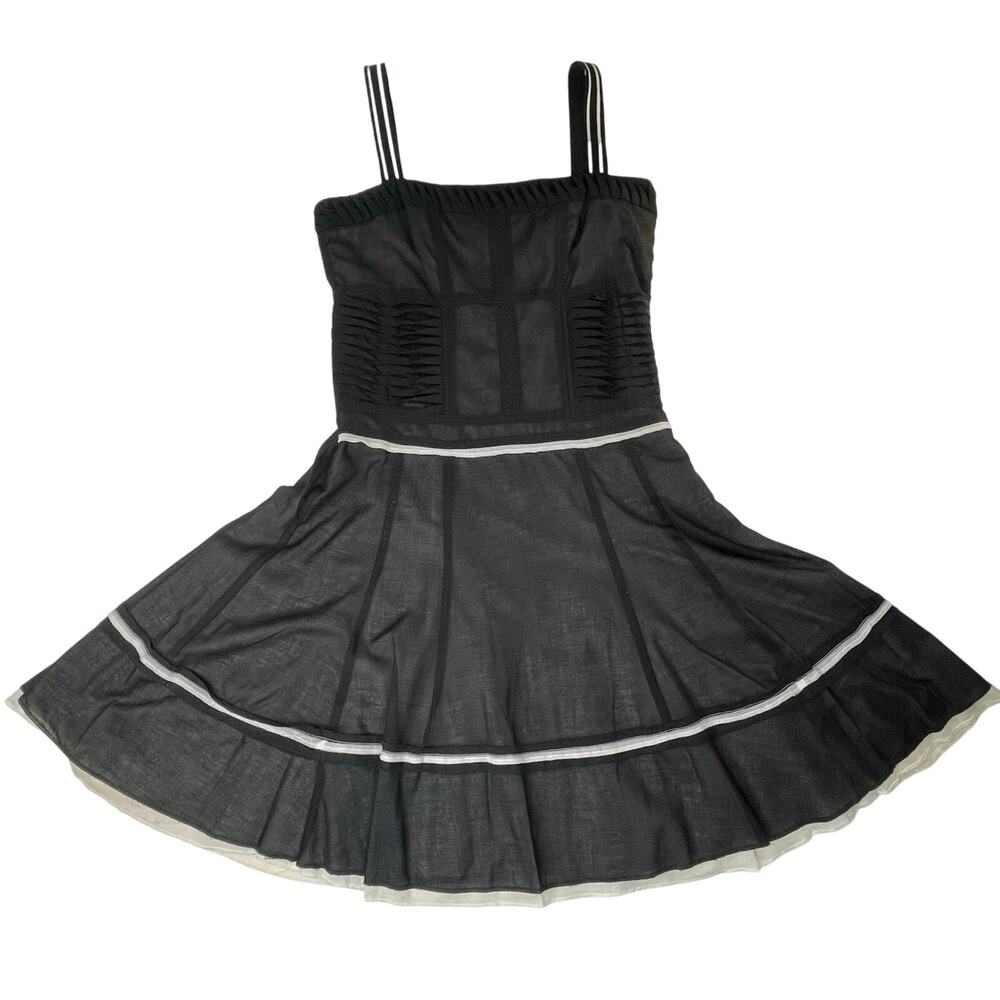 Cynthia Steffe Black Fit Flare Dress L Y2K Tiered Sleeveless USA Classic Femme